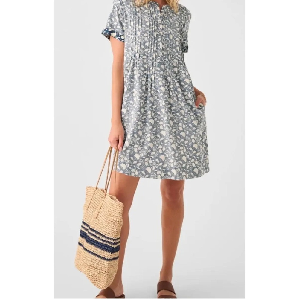 Faherty Gemini Dress Womens Small Indigo Blue Floral Linen Blend Pintuck Mini